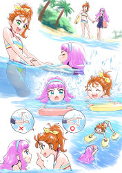 Rule 34 | 2girls, :d, ^ ^, aqua hairband, beach, bikini, closed eyes, eye contact, hair ribbon, hairband, highres, holding hands, itou shin&#039;ichi, laura (precure), long hair, looking at another, multicolored bikini, multicolored clothes, multiple girls, natsuumi manatsu, ocean, open mouth, orange hair, palm tree, partially submerged, partially underwater shot, pink hair, precure, ribbon, short hair, side ponytail, smile, striped bikini, striped clothes, swimming, swimsuit, tree, tropical-rouge! precure, underwater, wading, water, wet, yellow ribbon