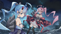 Rule 34 | 2girls, ahoge, azur lane, bare shoulders, black legwear, black neckwear, black ribbon, blue eyes, blue hair, blue neckwear, blue ribbon, blush, breasts, cannon, cleavage, closed mouth, cloud, cloudy sky, collarbone, commentary request, dark clouds, dress, dutch angle, hair between eyes, high ponytail, highres, holding, horns, huge ahoge, ikazuchi (azur lane), inazuma (azur lane), japanese clothes, kimono, lightning, long hair, long sleeves, looking at viewer, looking to the side, machinery, mitsudomoe (shape), motion blur, multiple girls, ocean, off shoulder, outdoors, pink hair, pleated dress, rain, red eyes, ribbon, scarlet dango, short kimono, sidelocks, sky, storm, thighhighs, tomoe (symbol), torpedo, turret, very long hair, water drop, white dress, wide sleeves