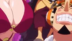 Rule 34 | 1girl, 2boys, animated, animated gif, beard, bikini, blush, bouncing breasts, breasts, cleavage, facial hair, grin, head out of frame, large breasts, military vehicle, motor vehicle, multiple boys, nami (one piece), one piece, shiny skin, smile, swimsuit, tank, usopp
