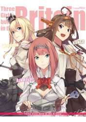 Rule 34 | 10s, 3girls, ahoge, ark royal (kancolle), arrow (projectile), blonde hair, blue eyes, bob cut, braid, brown hair, character name, corset, crossed bangs, crown, detached sleeves, double bun, dress, english text, engrish text, fingerless gloves, french braid, gloves, hair between eyes, hair bun, hairband, headgear, highres, japanese clothes, jewelry, kantai collection, kongou (kancolle), konishi (koconatu), long sleeves, looking at viewer, machinery, mini crown, multiple girls, necklace, non-web source, nontraditional miko, off-shoulder dress, off shoulder, official art, purple eyes, ranguage, red hair, red ribbon, ribbon, ribbon-trimmed sleeves, ribbon trim, scepter, short hair, tiara, warspite (kancolle), white dress