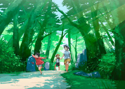Rule 34 | 1boy, 2girls, airplane arms, child, dappled sunlight, day, forest, hanaosutarou, holding hands, hat, jizou, leaf, light, light rays, mother and daughter, mother and son, multiple girls, nature, original, outdoors, outstretched arms, path, road, running, short twintails, spread arms, sunbeam, sunlight, tree, tree shade, twintails