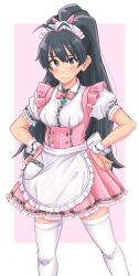 Rule 34 | 1girl, anjerain, antenna hair, apron, black hair, blue eyes, blush, border, bow, bowtie, breasts, butterfly ornament, closed mouth, dot nose, dress, frilled apron, frilled dress, frilled shirt, frills, ganaha hibiki, hair bow, hair ribbon, hands on own hips, heart, heart in eye, highres, idolmaster, idolmaster (classic), idolmaster million live!, idolmaster million live! theater days, long hair, looking at viewer, medium breasts, outside border, pink background, pink bow, pink bowtie, pink dress, pink ribbon, ponytail, pretty waitress (idolmaster), puffy short sleeves, puffy sleeves, ribbon, shirt, short sleeves, shy, solo, standing, symbol in eye, thighhighs, underbust, waist apron, waist bow, white apron, white border, white bow, white headdress, white shirt, white thighhighs, white wrist cuffs, wrist cuffs, zettai ryouiki