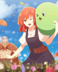 Rule 34 | 1boy, 1girl, 1other, ;d, abs, belt, blue hair, blurry, blurry foreground, cape, cloud, day, hands on own hips, headband, helck, helck (character), light blue hair, one eye closed, open mouth, outdoors, petals, piwi, red cape, red eyes, red hair, short sleeves, smile, standing, vermilio (helck), washamada (wada)