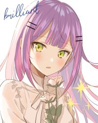 Rule 34 | 1girl, backlighting, blush, collared shirt, commentary request, dress, english text, flower, green eyes, hair down, hair ornament, hairclip, hololive, long hair, looking at viewer, multicolored hair, myusha, neck ribbon, parted lips, pink hair, purple eyes, ribbon, shirt, simple background, sleeveless, sleeveless dress, solo, streaked hair, tokoyami towa, upper body, virtual youtuber, white background, white dress, white flower, white ribbon, white shirt