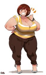 Rule 34 | 1girl, absurdres, breasts, brown eyes, brown hair, cleavage, ear piercing, grin, highres, huge breasts, lightsource, looking at viewer, one eye closed, piercing, plump, purin (lightsource), shirt, short hair, smile, solo, striped clothes, striped shirt, thick eyebrows, thick thighs, thighs, wide hips, wink