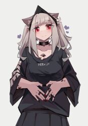 Rule 34 | 1girl, absurdres, animal ear fluff, animal ears, arknights, black choker, black nails, black shirt, black skirt, blush, choker, closed mouth, collarbone, commentary, cowboy shot, english commentary, fox ears, fox girl, frostleaf (arknights), grey background, heart, highres, jewelry, long hair, looking at viewer, material growth, multicolored nails, multiple rings, nail polish, oripathy lesion (arknights), pleated skirt, red eyes, red nails, ring, shirt, sidelocks, simple background, skirt, sleeves past elbows, solo, togekk0
