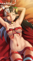 Rule 34 | 1girl, :o, armpits, arms up, bell, black hair, bracelet, breasts, candy, candy cane, choker, christmas, collar, collarbone, demon girl, earrings, food, fur, gluteal fold, hair ornament, highres, holly, holly hair ornament, horns, jewelry, long hair, looking at viewer, lying, medium breasts, mistletoe, multicolored hair, naked ribbon, navel, neck bell, on back, one eye closed, original, pointy ears, red ribbon, ribbon, shiraha (pixiv10239953), solo, split-color hair, striped clothes, striped thighhighs, thighhighs, two-tone hair, white hair, yellow eyes