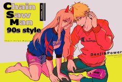 Rule 34 | + +, 1boy, 1girl, alternate costume, bare legs, barefoot, blonde hair, blue sweater, brand name imitation, cd player, chainsaw man, champion (company), character name, closed mouth, clothes writing, commentary, copyright name, cross-shaped pupils, demon horns, denji (chainsaw man), earphones, english text, eyelashes, foot out of frame, full body, green pants, grey background, hair between eyes, highres, horns, kneeling, long hair, long sleeves, looking at viewer, menol methanol, pants, pink hair, power (chainsaw man), purple shorts, red eyes, red sweater, shared earphones, short hair, short shorts, shorts, sitting, straight hair, sweater, symbol-shaped pupils, twitter username, two-tone background, yellow background