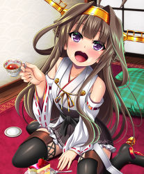 Rule 34 | 1girl, ahoge, bare shoulders, blush, boots, brown hair, cake, carpet, cup, food, food on face, fork, fruit, hair intakes, hairband, highres, kantai collection, kongou (kancolle), long hair, looking at viewer, militia minpei, nontraditional miko, on floor, open mouth, pillow, plate, purple eyes, round teeth, sitting, skirt, smile, solo, strawberry, tea, teacup, teeth, thigh boots, thighhighs, wariza