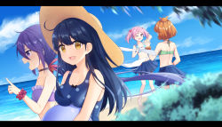 Rule 34 | 4girls, :d, absurdres, akebono (kancolle), ball, bare arms, bare legs, bare shoulders, barefoot, beachball, bell, bikini, bikini top only, black hair, blue bikini, blue one-piece swimsuit, blue skirt, blue sky, blurry, blurry foreground, blush, breasts, brown eyes, brown hair, brown headwear, brown scrunchie, casual one-piece swimsuit, cloud, collarbone, commentary request, day, depth of field, flower, green bikini, hair bell, hair between eyes, hair flower, hair ornament, hat, highres, horizon, jingle bell, kantai collection, large breasts, letterboxed, long hair, multiple girls, oboro (kancolle), ocean, one-piece swimsuit, open mouth, outdoors, palm tree, pink hair, pleated skirt, polka dot, polka dot swimsuit, poppy (poppykakaka), profile, purple bikini, purple eyes, purple hair, red scrunchie, sazanami (kancolle), scrunchie, side ponytail, skirt, sky, smile, sun hat, swimsuit, tree, ushio (kancolle), very long hair, water, wrist scrunchie