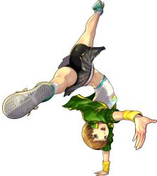 Rule 34 | 1girl, bike shorts, brown eyes, brown hair, foreshortening, full body, handstand, jacket, midriff, official art, one arm handstand, open clothes, open jacket, persona, persona 4, persona 4: dancing all night, persona dancing, plaid, plaid skirt, satonaka chie, short hair, skirt, smile, socks, soejima shigenori, solo, sweatband, transparent background, upside-down, white background, wristband