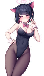 Rule 34 | 1girl, absurdres, animal ears, bare shoulders, black hair, black leotard, black pantyhose, blue archive, blush, bow, bowtie, breasts, cat ears, cleavage, closed mouth, colored inner hair, covered navel, cowboy shot, detached collar, embarrassed, extra ears, gluteal fold, halo, hand on own hip, hand up, highleg, highleg leotard, highres, kazusa (blue archive), leotard, looking at viewer, medium breasts, metaljelly, multicolored hair, pantyhose, pink bow, pink bowtie, pink eyes, pink hair, short hair, simple background, solo, strapless, strapless leotard, thigh gap, two-tone hair, v, white background, white wristband, wristband