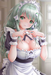 Rule 34 | 1girl, akino irori, alternate costume, apron, blurry, blurry background, breasts, cleavage, detached collar, enmaided, fingers together, frills, frog hair ornament, green eyes, green hair, hair ornament, hair ribbon, hair tubes, highres, index fingers together, kochiya sanae, large breasts, long hair, looking at viewer, maid, maid headdress, ribbon, solo, touhou, waist apron, wristband