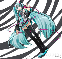 Rule 34 | 1girl, aqua hair, aqua necktie, black thighhighs, blouse, blush, boots, breasts, character name, collared shirt, copyright name, detached sleeves, elbow gloves, eyelashes, from below, full body, gloves, grey shirt, hair between eyes, hatsune miku, headset, legs, long hair, microphone, necktie, shirt, skirt, sleeveless, sleeveless shirt, solo, thigh boots, thighhighs, twintails, uniform, very long hair, vocaloid, vocaloid2, weshika, white background, zettai ryouiki