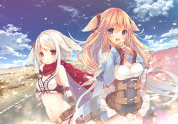 Rule 34 | 2girls, animal ears, bare shoulders, belt buckle, belt pouch, blonde hair, blush, breasts, buckle, cleavage, cloud, corset, crop top, day, detached sleeves, elbow gloves, feather hair, feathers, fingers together, frills, game cg, gloves, hair between eyes, hair ornament, half-skirt, highres, karakara (game), karakara 2 (game), long hair, long sleeves, mari mizuno, medium breasts, multiple girls, navel, official art, open mouth, outdoors, p19, panties, pouch, purple eyes, rebecca valentine, red eyes, red scarf, road, scarf, short hair, sidelocks, silver hair, skirt, sky, small breasts, smile, strap, striped clothes, striped gloves, tareme, underwear, upper body