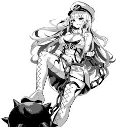 Rule 34 | 1girl, azur lane, bare shoulders, boots, breasts, chain, cross-laced footwear, dress, fur trim, gloves, greyscale, hat, high heel boots, high heels, highres, hori (hori no su), lace-up boots, large breasts, long hair, looking down, military hat, mole, mole on breast, monochrome, multicolored hair, parted bangs, short dress, smile, spikes, stepping, streaked hair, tallinn (azur lane), white gloves