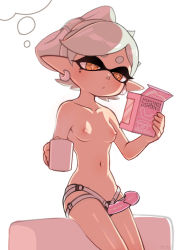 Rule 34 | + +, 1girl, :/, bare arms, breasts, closed mouth, cup, dildo, earrings, hair rings, holding, holding cup, inkling, jewelry, marie (splatoon), mole, mole under eye, mug, navel, nintendo, nipples, notori d, orange eyes, pointy ears, sex toy, short hair, silver hair, small breasts, solo, splatoon (series), splatoon 1, strap-on, symbol-shaped pupils, tentacle hair, thought bubble, topless