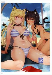 Rule 34 | 2girls, absurdres, animal ears, animal print, artist name, beach, bikini, black bikini, black hair, blanket, blonde hair, blue stripes, blush, bottle, bracelet, breasts, cameltoe, cleavage, cloud, collar, collarbone, covered erect nipples, day, dripping, fang, food, front-tie top, hand on another&#039;s thigh, highres, honda naoki, huge filesize, jewelry, kneeling, large breasts, licking, long hair, looking at viewer, melting, multiple girls, navel, open mouth, page number, palm tree, pole, popsicle, print bikini, red eyes, scan, side-tie bikini bottom, sidelocks, sitting, sky, small breasts, smile, striped bikini, striped clothes, sweat, swimsuit, tail, tiger ears, tiger print, tiger tail, tongue, tongue out, toranoana, tree, very long hair, water, water bottle, wavy hair, yellow eyes