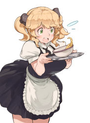 Rule 34 | 1girl, aioi u, aletta, apron, bowl, dress, female focus, green eyes, highres, isekai shokudou, maid apron, open mouth, short twintails, simple background, solo, twintails, white background