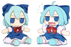 Rule 34 | 2girls, absurdres, ahoge, bloomers, blue bow, blue dress, blue eyes, blue footwear, blue hair, blush stickers, bow, cirno, closed mouth, collared shirt, commentary, dress, dual persona, fairy, fumo (doll), hair bow, highres, ice, ice wings, kame (kamepan44231), multiple girls, open mouth, pinafore dress, shirt, shoes, short hair, short sleeves, simple background, sleeveless, sleeveless dress, smile, touhou, underwear, white background, white bloomers, white shirt, wings