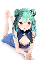 Rule 34 | 1girl, :o, bare arms, bare shoulders, barefoot, blue dress, blue ribbon, dress, green hair, hair ornament, highres, hololive, looking at viewer, lying, on stomach, red eyes, ribbon, saki (saki paint), simple background, skull collar, skull hair ornament, sleeveless, sleeveless dress, soles, solo, the pose, uruha rushia, uruha rushia (1st costume), virtual youtuber, white background