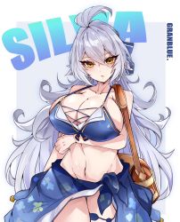 Rule 34 | 1girl, ahoge, bag, bow, breasts, cleavage, granblue fantasy, hair bow, highres, kive, large breasts, long hair, navel, silva (granblue fantasy), silver hair, solo, swimsuit, thigh strap, very long hair, yellow eyes