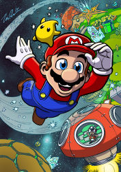Rule 34 | 1boy, ? block, absurdres, block (object), brown hair, captain toad, coin, crystal, facial hair, flying, gloves, gold coin, grass, grin, hat, highres, house, luma (mario), mario, mario (series), mushroom, mustache, nintendo, octoomba, open mouth, planet, smile, smoking pipe, space, star (sky), star bit, super mario galaxy, warp pipe