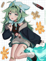 Rule 34 | 1girl, ahoge, animal ear headwear, animal ears, artist name, bandaid, bandaid on hand, bandaid on leg, black footwear, black nails, black shirt, blue eyes, blue headwear, blue jacket, boxcutter, breasts, commentary, cropped shirt, drawstring, fake animal ears, fiery tail, floppy ears, foot out of frame, fox ears, green hair, grey shorts, grid background, hand up, highres, honkai: star rail, honkai (series), huohuo (honkai: star rail), jacket, leg up, long hair, long sleeves, looking at viewer, loose socks, navel, off shoulder, open clothes, open jacket, open mouth, outline, paper doll, paw-shaped pupils, shirt, shoes, short shorts, shorts, sleeveless, sleeveless shirt, sleeves past wrists, small breasts, socks, solo, symbol-shaped pupils, tail, tassel, tears, thighs, twitter username, vickie (cryingrobot), white background, white socks, yin yang, yin yang hair ornament, yin yang print