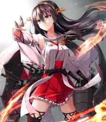 Rule 34 | 10s, 1girl, armpits, artist name, bare shoulders, black hair, boots, brown eyes, detached sleeves, hair between eyes, hair ornament, hairband, hairclip, haruna (kancolle), headgear, kantai collection, light smile, long hair, machinery, md5 mismatch, nontraditional miko, resized, resolution mismatch, rin yuu, solo, source larger, thigh boots, thighhighs