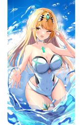 Rule 34 | 1girl, absurdres, adapted costume, blonde hair, breasts, chest jewel, headpiece, highres, karuushi, large breasts, long hair, mythra (radiant beach) (xenoblade), mythra (xenoblade), ocean, one-piece swimsuit, solo, swept bangs, swimsuit, tiara, very long hair, water, white one-piece swimsuit, xenoblade chronicles (series), xenoblade chronicles 2, yellow eyes