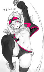 Rule 34 | 1girl, absurdres, arrow (symbol), bandaged hand, bandages, bandeau, black choker, black thighhighs, breasts, choker, command input, cropped jacket, gluteal fold, goggles, goggles on head, hair between eyes, hand wraps, highres, jacket, large breasts, leg up, midriff, navel, niwamaru (niwarhythm), niwarhythm, open clothes, open jacket, open mouth, original, pink eyes, pink trim, punching, short shorts, shorts, sidelocks, solo, spot color, standing, standing on one leg, stomach, strapless, thighhighs, thighs, underboob, white background, white footwear, white hair