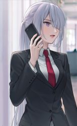 Rule 34 | 1girl, ak-15 (erwin) (girls&#039; frontline), ak-15 (girls&#039; frontline), black jacket, collared shirt, commentary request, curtains, formal, girls&#039; frontline, hair between eyes, hair over one eye, holding, holding phone, indoors, jacket, long hair, open mouth, partial commentary, phone, purple eyes, red neckwear, shirt, silver hair, solo, standing, suit, talking on phone, urano ura, white shirt, window