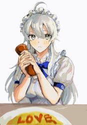 Rule 34 | 1girl, :&lt;, ahoge, alternate costume, apron, blue bow, blue bowtie, blush, bow, bowtie, breasts, closed mouth, enmaided, food, grey eyes, grey hair, hair between eyes, highres, holding, kantai collection, ketchup, ketchup bottle, long hair, looking at viewer, maid, maid headdress, nidou, omelet, omurice, one-hour drawing challenge, plate, puffy short sleeves, puffy sleeves, short sleeves, signature, simple background, solo, upper body, washington (kancolle)