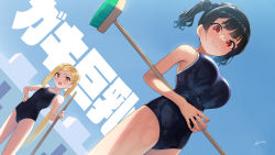Rule 34 | 2girls, black hair, blonde hair, blue background, blue one-piece swimsuit, blunt bangs, breasts, broom, closed mouth, competition school swimsuit, hand on own hip, holding, holding broom, kaedeko (kaedelic), large breasts, long hair, looking at viewer, multiple girls, one-piece swimsuit, oppai loli, original, red eyes, sasaki kanna (kaedeko), school swimsuit, scowl, short hair, signature, smile, swimsuit, thighs, twintails, very long hair, yellow eyes