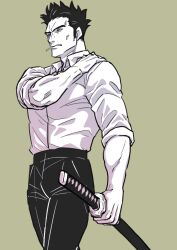 Rule 34 | 1boy, bara, collared shirt, feet out of frame, from below, from side, greyscale with colored background, hand on own shoulder, holding, holding sword, holding weapon, jujutsu kaisen, kusakabe atsuya, long sideburns, looking away, male focus, mature male, pectorals, sheath, sheathed, shirt, short hair, sideburns, sleeves rolled up, solo, spiked hair, sword, thick eyebrows, toned, toned male, weapon, wrinkled skin, yaso80hachi