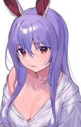 Rule 34 | 1girl, akagashi hagane, alternate eye color, animal ears, blush, breasts, brown eyes, cleavage, closed mouth, collarbone, commentary request, hair between eyes, large breasts, long hair, looking at viewer, mole, mole on breast, off shoulder, purple hair, rabbit ears, rabbit girl, reisen udongein inaba, shirt, sidelocks, simple background, smile, solo, tongue, tongue out, touhou, upper body, white background, white shirt