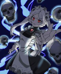 Rule 34 | 1girl, absurdres, apron, bloody marie (skullgirls), blue background, bright pupils, brooch, dress, fire, frilled apron, frilled dress, frills, frown, grey hair, hair ornament, highres, hokokara, jewelry, looking at viewer, maid headdress, outstretched arm, outstretched hand, red eyes, ribs, skeleton, skull, skull hair ornament, skullgirls, solo, twintails, white pupils