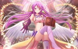 Rule 34 | 10s, 1girl, angel wings, arch, asymmetrical legwear, blush, book, bookshelf, breasts, collarbone, spiked halo, crossed legs, feathered wings, flying, foreshortening, gloves, gradient eyes, gradient hair, halo, highres, jibril (no game no life), kazenokaze, large breasts, library, light rays, long hair, looking at viewer, low wings, midriff, mismatched legwear, multicolored eyes, multicolored hair, navel, no game no life, orange eyes, outstretched arm, pink eyes, pink hair, purple thighhighs, reaching, shiny skin, shoes, sideboob, silver hair, single shoe, smile, solo, sunbeam, sunlight, tattoo, thighhighs, thighs, wallpaper, white wings, wings