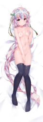 Rule 34 | 1girl, absurdly long hair, absurdres, ahoge, bed sheet, black thighhighs, breasts, collarbone, dakimakura (medium), fate/grand order, fate (series), full body, green ribbon, hair ribbon, hand on own thigh, hand up, headpiece, highres, jeanne d&#039;arc (fate), jeanne d&#039;arc alter (fate), jeanne d&#039;arc alter santa lily (fate), light smile, long hair, lying, navel, nipples, nude, on back, red ribbon, ribbon, shiny clothes, shiny skin, silver hair, small breasts, smile, solo, striped ribbon, thighhighs, thighs, twiska (doubitian), very long hair, yellow eyes