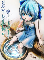 Rule 34 | 1girl, alternate costume, aqua dress, aqua eyes, aqua hair, bow, bucket, casual, cirno, dress, food, hair bow, hair ornament, hair ribbon, ice, ice cream, ice wings, in bucket, in container, in water, jiraiken, looking at viewer, ribbon, shochuumimai, short hair, sitting, sketch, solo, tongue, tongue out, touhou, translation request, water, wings