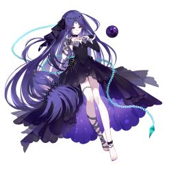 1girl bare_shoulders barefoot benghuai_xueyuan black_choker black_dress chain choker closed_mouth dress floating floating_object full_body green_eyes head_chain honkai_(series) jewelry jyahnar_(benghuai_xueyuan) long_hair official_art purple_dress purple_hair purple_nails solo third-party_source transparent_background two-tone_dress