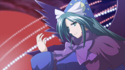 Rule 34 | 1girl, blue hat, bow, bowtie, breasts, cape, commentary request, danmaku, demon wings, green hair, grin, hat, high collar, inoshira, long hair, long sleeves, medium breasts, mima (touhou), purple bow, purple bowtie, purple cape, purple skirt, red sky, skirt, sky, smile, solo, story of eastern wonderland, sun print, textless version, touhou, touhou (pc-98), very long hair, wide sleeves, wings, wizard hat