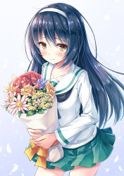Rule 34 | 10s, 1girl, akashio (loli ace), black hair, black neckerchief, blouse, blue background, blush, bouquet, closed mouth, collarbone, commentary request, cowboy shot, cross, flower, flower request, girls und panzer, gradient background, green skirt, hair between eyes, hairband, highres, holding, holding bouquet, long hair, long sleeves, looking at viewer, miniskirt, neckerchief, ooarai school uniform, peony (flower), pink flower, pleated skirt, purple flower, red flower, reizei mako, ribbon, school uniform, serafuku, shirt, skirt, smile, solo, standing, white hairband, white shirt, yellow eyes, yellow flower, yellow ribbon