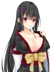 Rule 34 | 1girl, black hair, blush, breasts, chixiao, cleavage, food, hair ornament, highres, large breasts, long hair, looking at viewer, original, popsicle, red eyes, scar, solo, upper body, x hair ornament