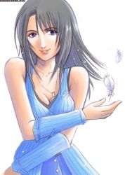Rule 34 | 1990s (style), 1girl, blue shirt, breasts, brown hair, feathers, female focus, final fantasy, final fantasy viii, jewelry, necklace, retro artstyle, rinoa heartilly, shirt, simple background, smile, solo, white background