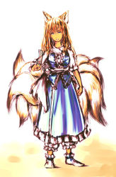 Rule 34 | 1girl, alternate hairstyle, blonde hair, daro, female focus, fox tail, full body, gradient background, long hair, multiple tails, no headwear, ofuda, sketch, solo, standing, tail, touhou, white background, yakumo ran