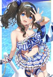 Rule 34 | 1girl, absurdres, arm strap, bare shoulders, bead bracelet, beads, bikini, black hair, blue eyes, blurry, blurry background, bracelet, breasts, cleavage, collarbone, frilled bikini, frilled straps, frills, go-1, hair between eyes, hairband, heart, heart necklace, highres, idolmaster, idolmaster cinderella girls, jewelry, long hair, looking at viewer, medium breasts, microphone, navel, necklace, ocean, open hand, open mouth, sagisawa fumika, side ponytail, slippers, smile, solo, striped bikini, striped clothes, swimsuit, thigh strap, thighs, thong