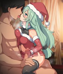 Rule 34 | 1boy, 1girl, admiral (kancolle), after kiss, alternate costume, alternate hairstyle, black thighhighs, blush, breasts, censored, christmas, commentary request, commission, dress, elbow gloves, french kiss, fur-trimmed dress, fur trim, gloved handjob, gloves, green eyes, green hair, hair between eyes, hair flaps, handjob, hat, kantai collection, kiss, kurokoshou (emuburemu123), latex, latex gloves, long hair, microskirt, mosaic censoring, nude, parted bangs, penis, pleated skirt, ponytail, red gloves, red skirt, saliva, santa costume, santa hat, shiny clothes, sidelocks, skeb commission, skirt, thighhighs, yamakaze (kancolle)