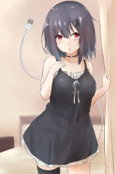 Rule 34 | 1girl, absurdres, apple inc., bare shoulders, black dress, black hair, black thighhighs, blush, cellphone, choker, dress, hair ornament, hairclip, highres, iphone, open mouth, original, personification, phone, red eyes, saku (kudrove), smartphone, solo, symbol-shaped pupils, thighhighs, usb, usb plug