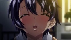 Rule 34 | 1boy, 1girl, animated, blush, brown eyes, brown hair, close-up, closed eyes, couple, french kiss, highres, kiss, mako-chan kaihatsu nikki, open mouth, pov, purple hair, saliva, saliva trail, short hair, sound, surprised, tongue, tongue out, video